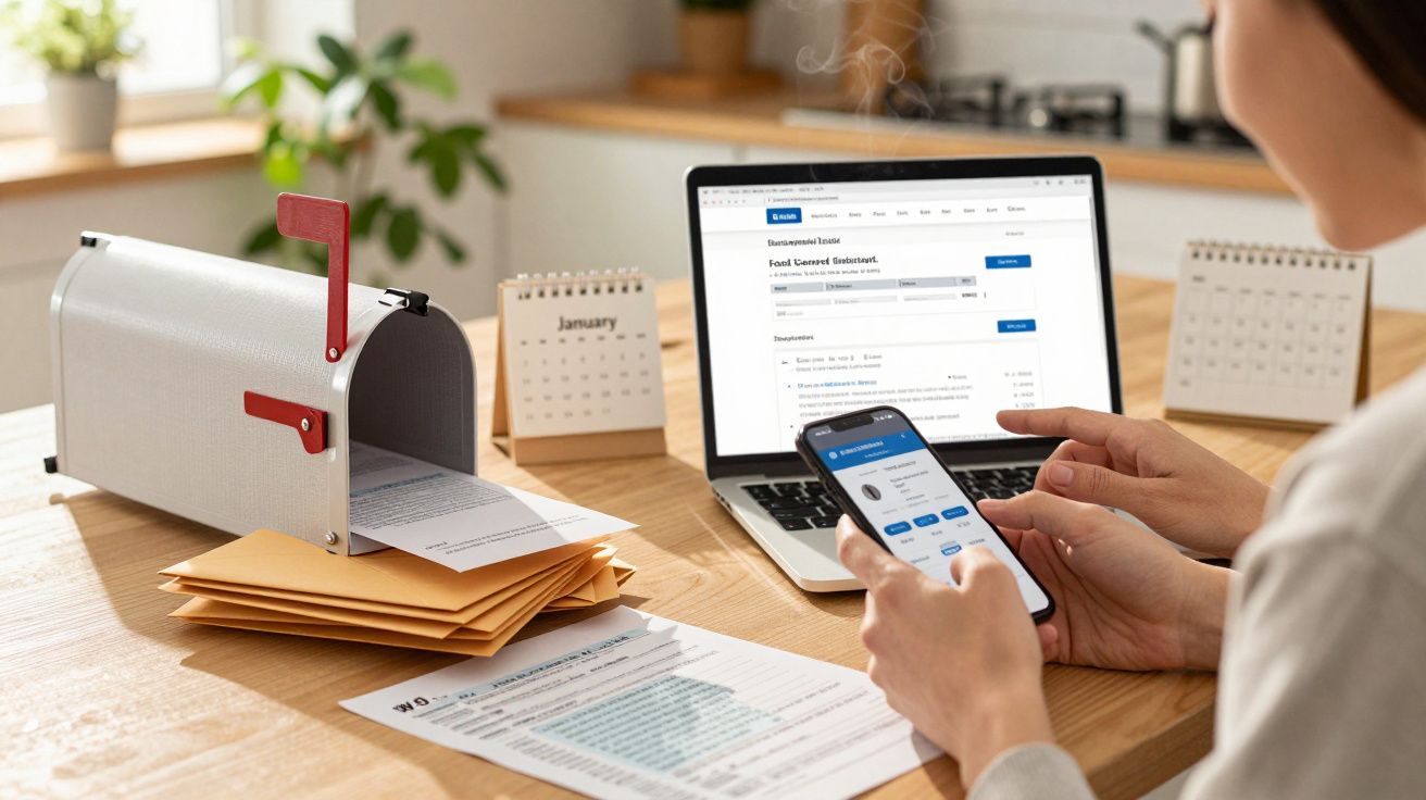 Person bearbeitet Rechnungen online auf Laptop und Smartphone, mit einem Tischkalender und Post im Hintergrund.