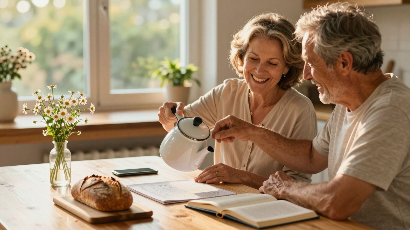 Älteres Paar bei Tee und Brot an einem Holztisch, lächelnd, vor einem Fenster mit Pflanzen und Sonnenlicht.