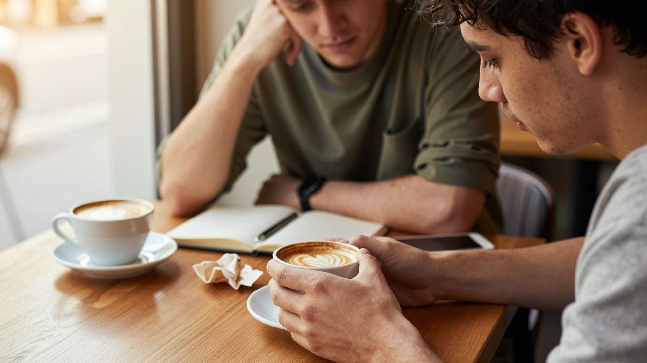 Zwei Männer in einem Café bei Kaffee und Notizbuch, einer hält die Tasse in der Hand.