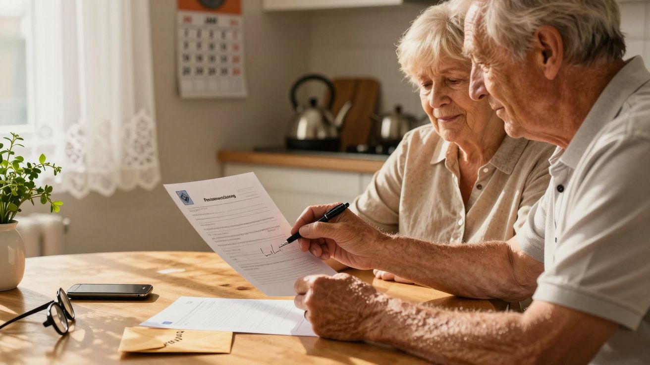 Älteres Paar unterschreibt ein Dokument am Küchentisch, umgeben von Haushaltsgegenständen.