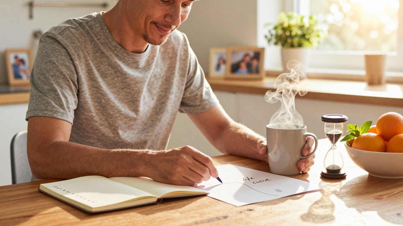 Mann in grauem T-Shirt schreibt in Notizbuch, hält dampfende Tasse. Auf Tisch Sanduhr und Schale mit Orangen.