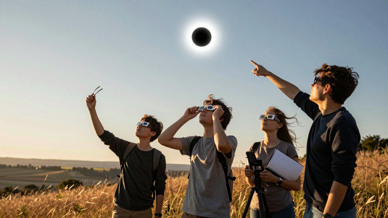 Vier Personen beobachten eine Sonnenfinsternis mit Spezialbrillen in einer Wiese. Eine Person zeigt in den Himmel.