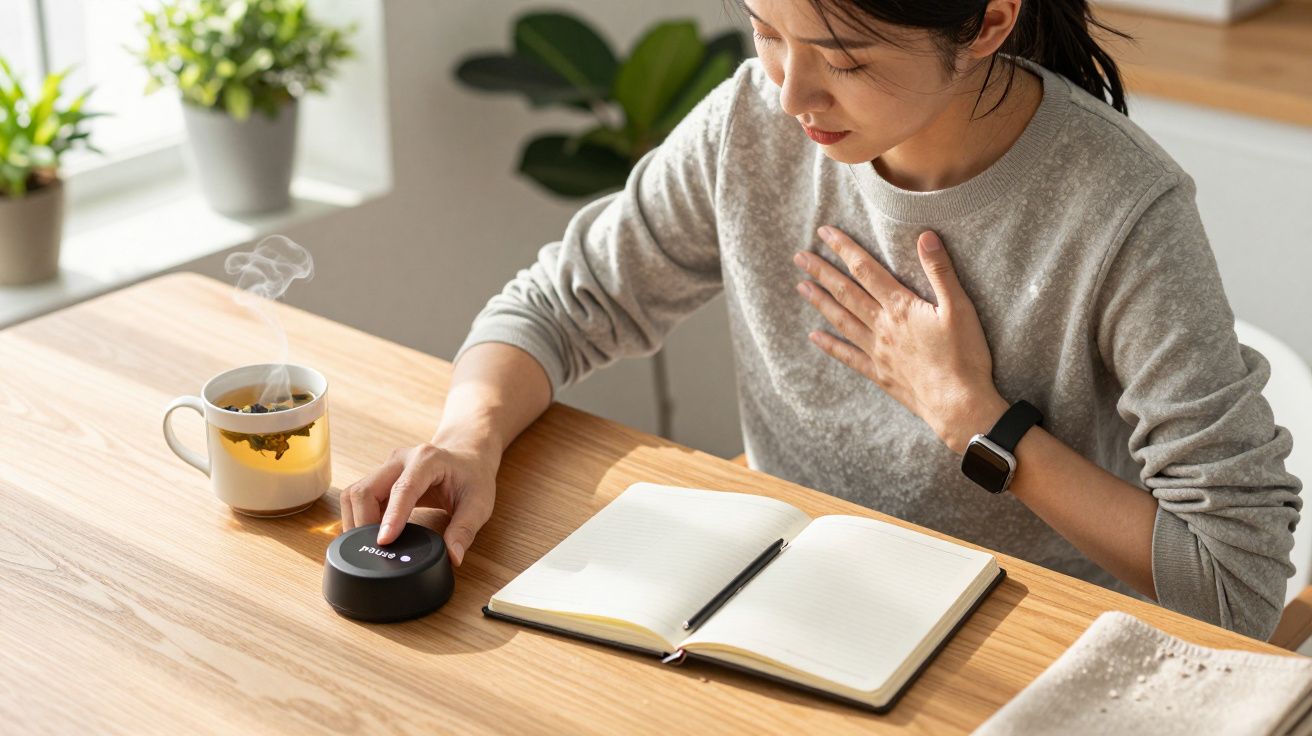 Frau sitzt am Tisch, nutzt ein Gerät neben einem Notizbuch und Tee. Sie hält eine Hand auf der Brust.