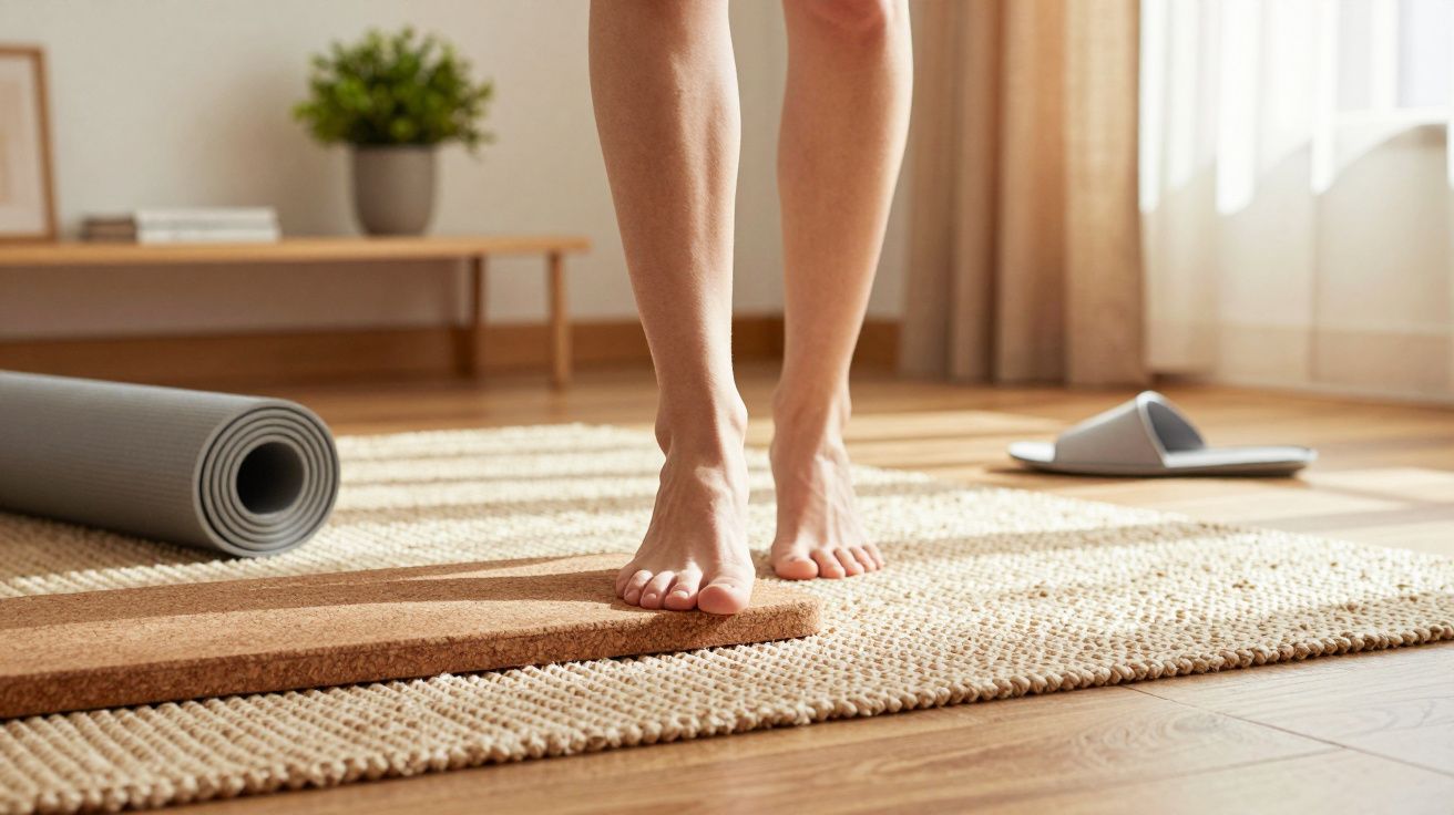 Frau balanciert barfuß auf einer Korkplatte im Wohnzimmer, neben einer Yogamatte und Hausschuhen auf Teppich.