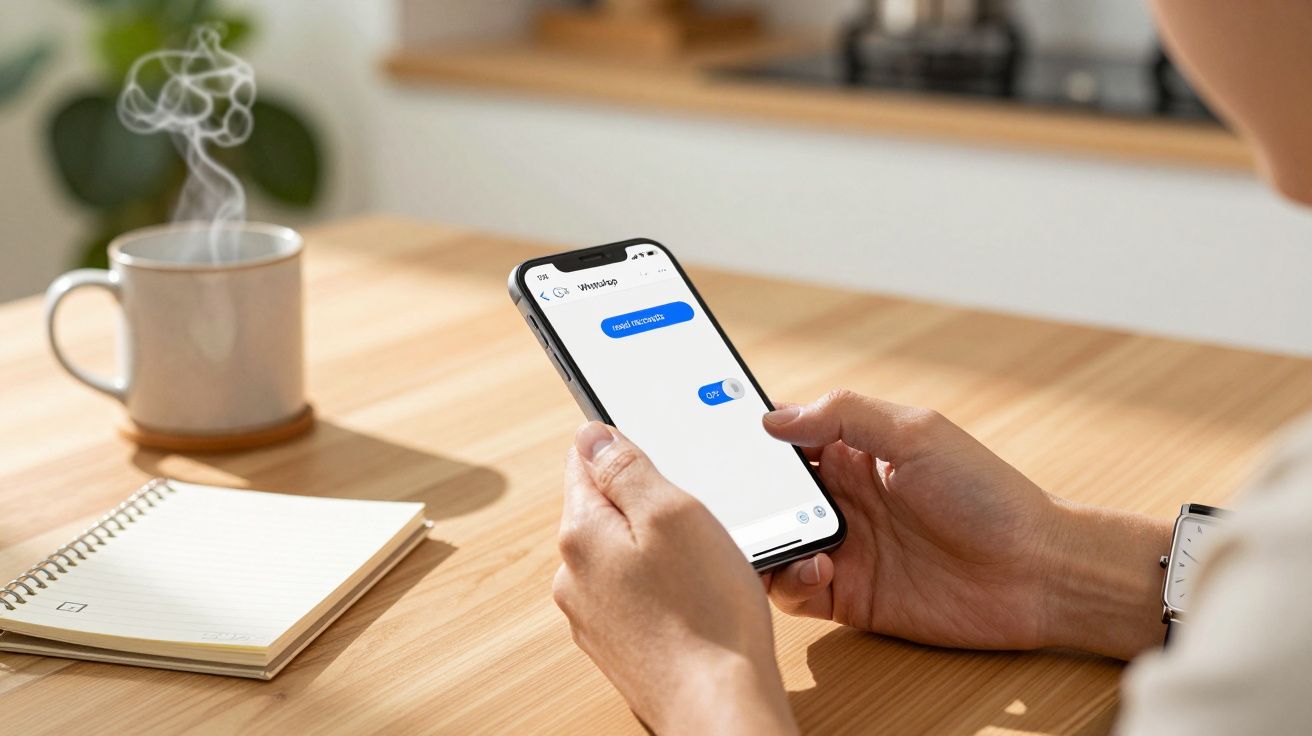 Person hält Smartphone mit angezeigtem Chat, daneben Notizbuch und Kaffee auf Holztisch.