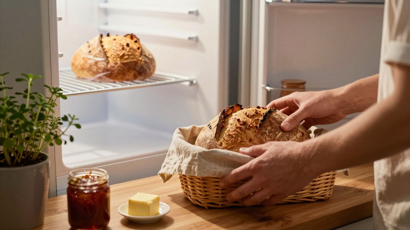 Person legt frisches Brot in Korb vor offener Kühlschranktür, daneben Butter, Marmelade und Kräutertopf.