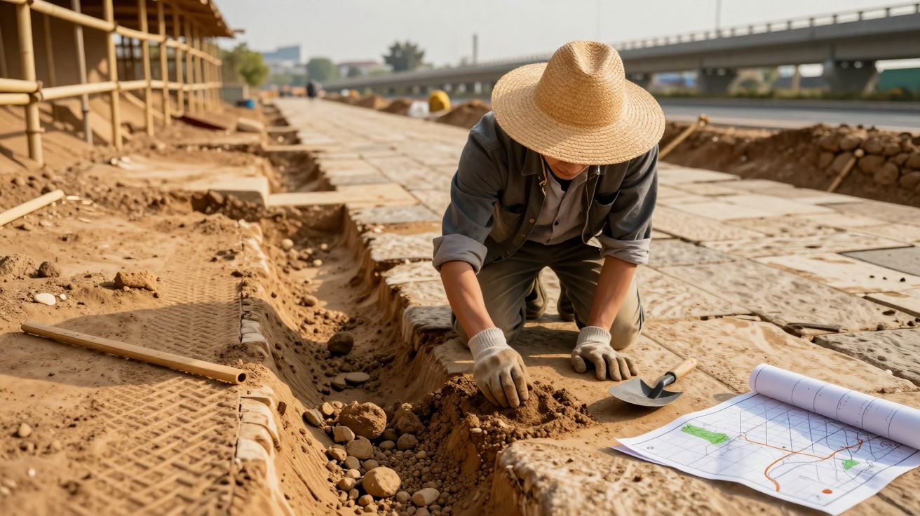 Ein Arbeiter mit Strohhut kniet auf einer Baustelle und untersucht den Boden neben einer Bauzeichnung.