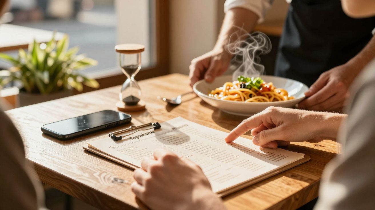 Ein Restaurantgast sieht sich die Speisekarte an, während ein Teller Pasta auf einem Holz­tisch serviert wird.