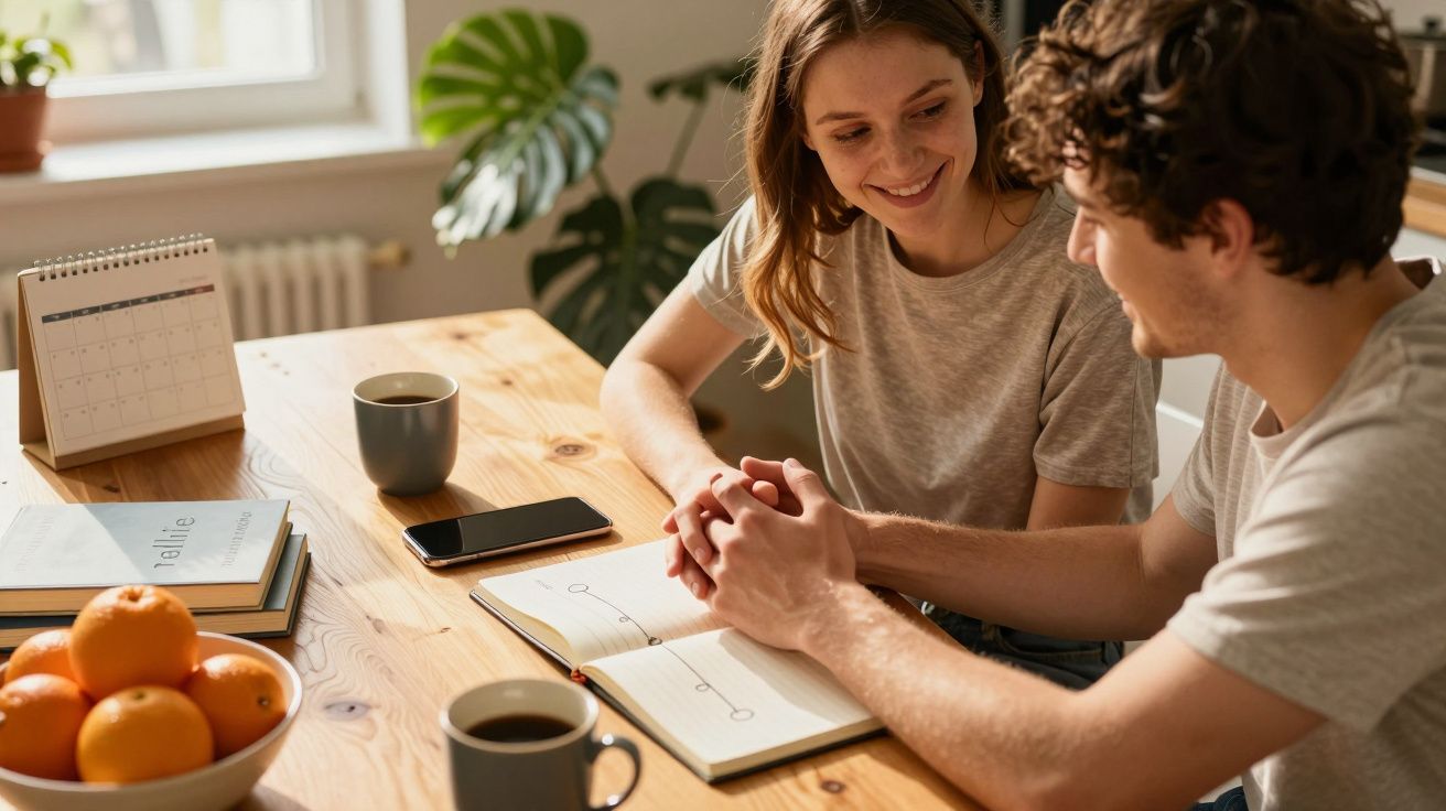 Zwei Personen am Tisch, studieren ein Notizbuch. Kaffee, Kalender und Obstschale daneben. Sonniger Raum.