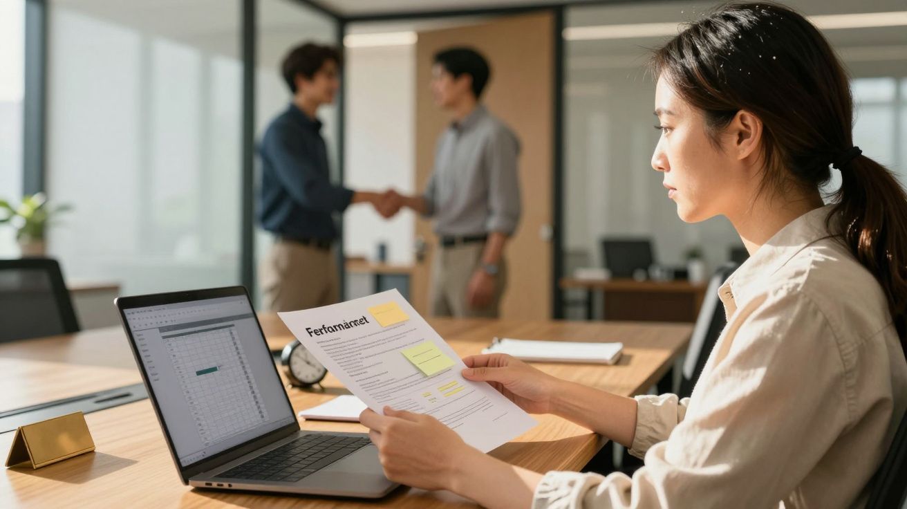 Frau am Schreibtisch mit Laptop, hält Dokument; im Hintergrund zwei Männer beim Händeschütteln im Büro.