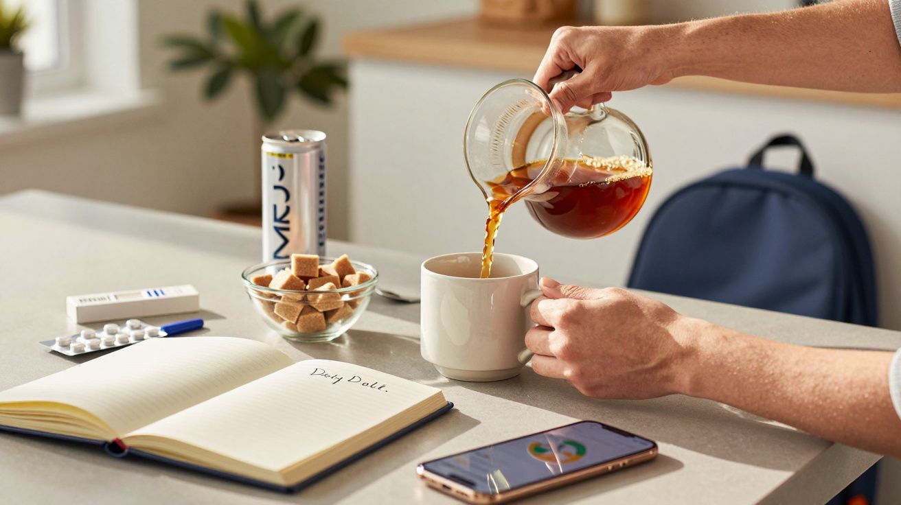 Person gießt Kaffee in Tasse, daneben Notizbuch, Handy, Zuckerwürfel und Energy-Drink-Dose auf Tisch.