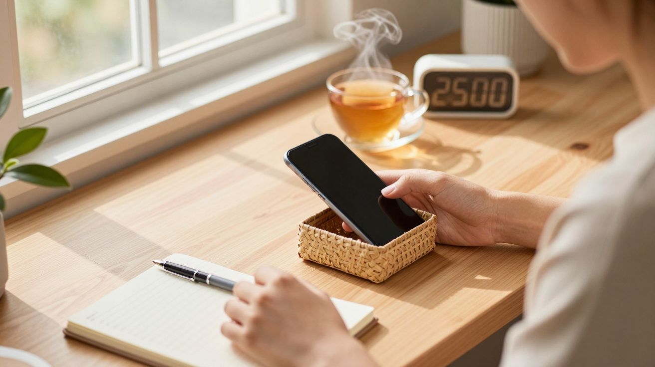 Person am Schreibtisch hält Smartphone, Notizbuch und Stift daneben, Tasse Tee und digitaler Wecker im Hintergrund.