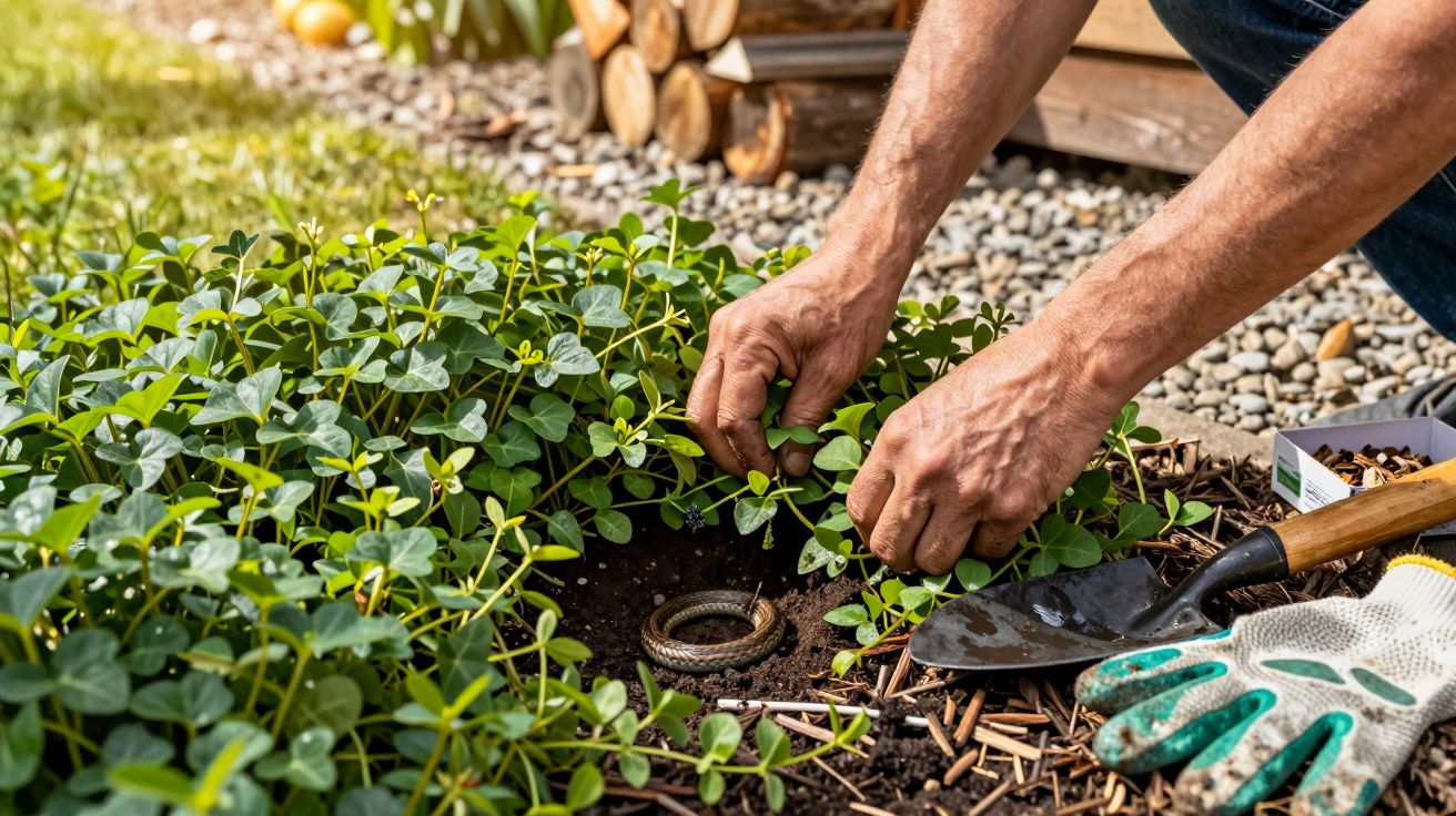 Person pflanzt im Garten, umgeben von grünem Laub, mit Schaufel und Gartenhandschuhen. Holzstapel im Hintergrund.