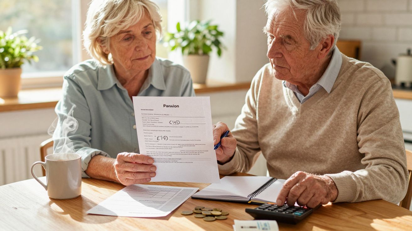 Älteres Paar analysiert Pensionsunterlagen am Küchentisch mit Taschenrechner, Papierstapel und Kaffeetasse.