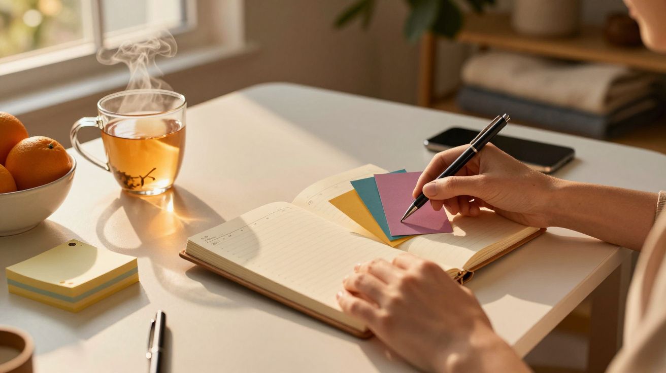 Person schreibt in ein Notizbuch mit bunten Haftnotizen, neben einer Tasse Tee und Orangen auf einem Tisch.