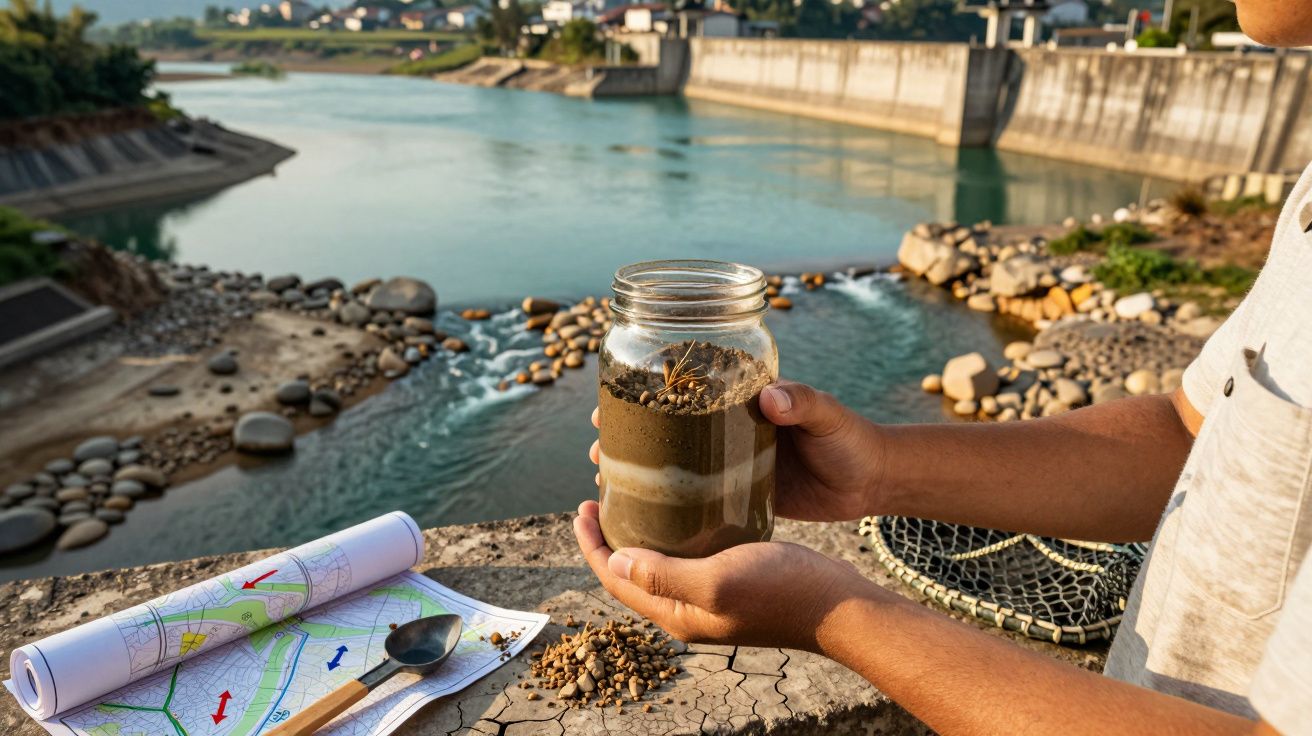 Person hält ein Glas mit Erdschichten an einem Fluss, neben einem Plan mit Karten und einem Löffel auf einem Tisch.