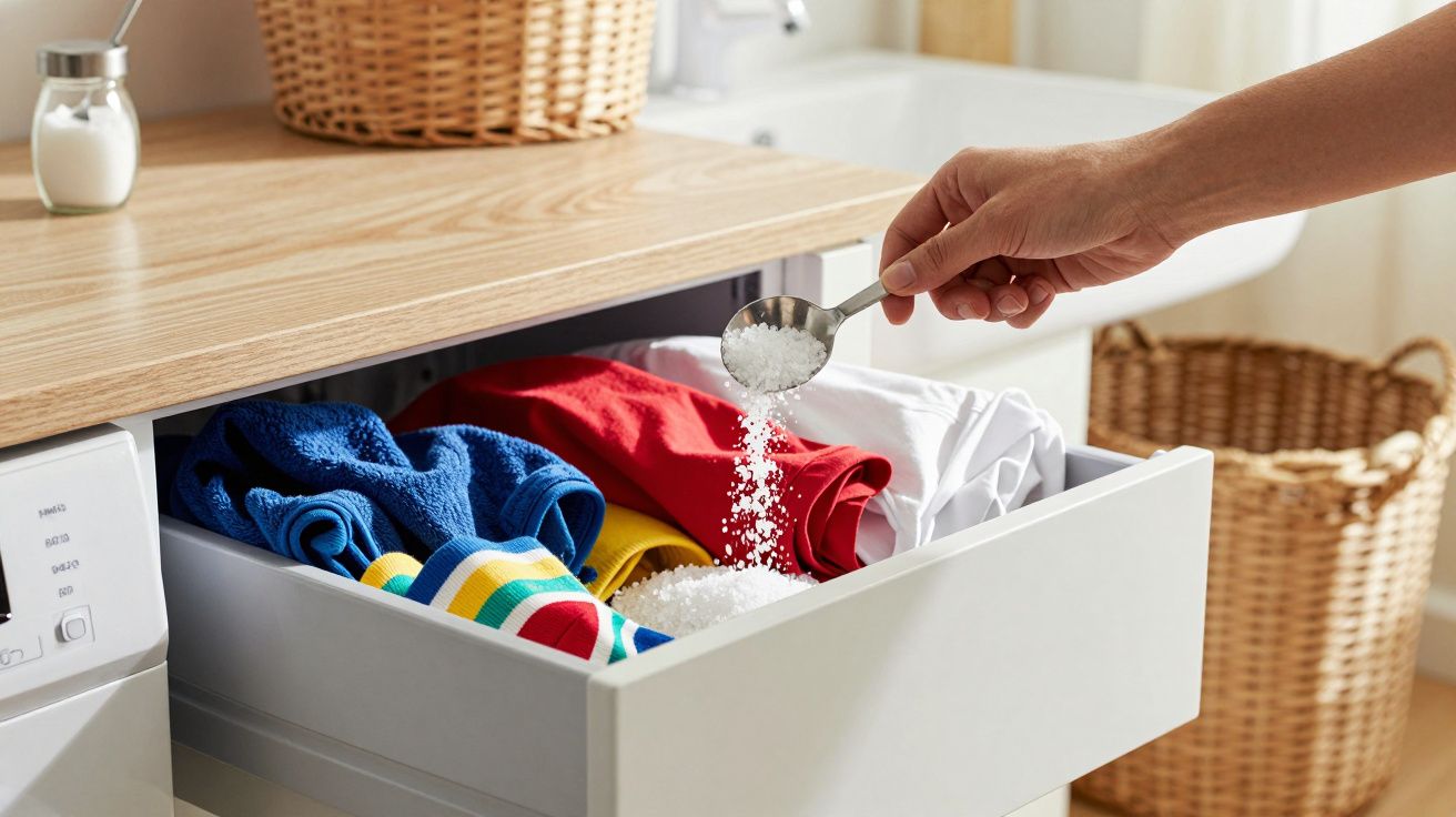 Hand streut Waschmittel in Waschmaschine mit bunter Wäsche. Korb im Hintergrund.