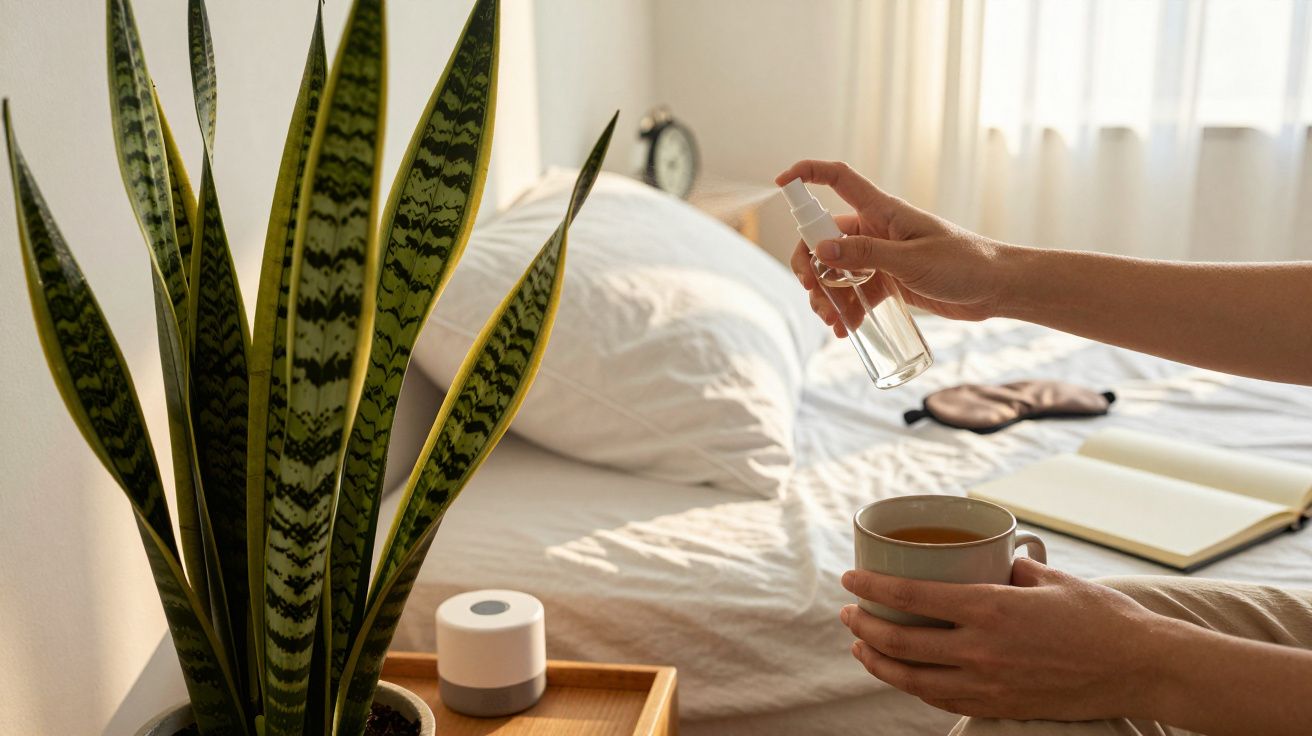 Person sprüht Raumspray über einer Kaffeetasse im Schlafzimmer, neben einer Pflanze und Notizbuch.
