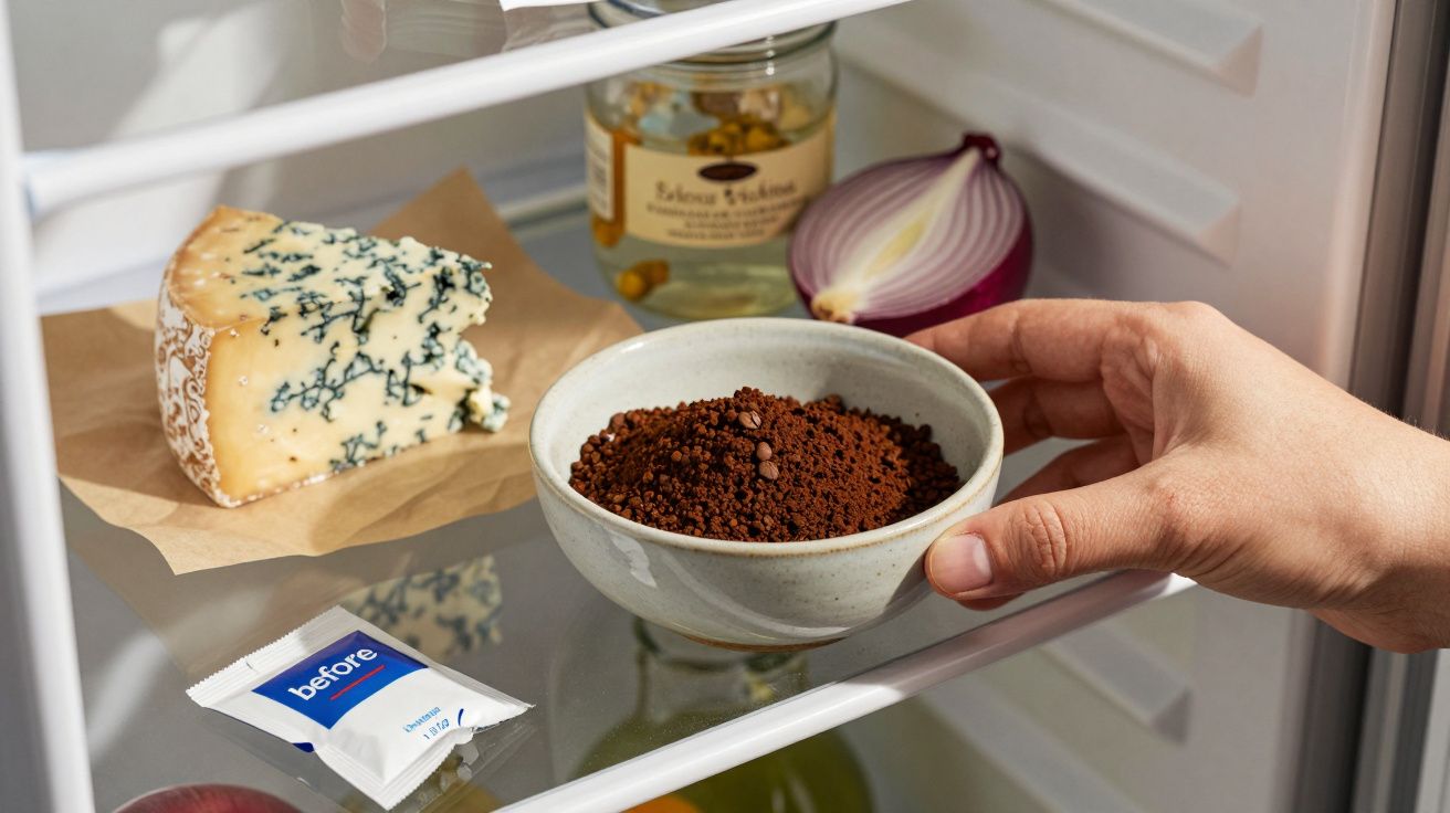 Hand stellt eine Schale mit Kaffeepulver in einen Kühlschrank, neben Käse, Zwiebel und Oliven im Glas.
