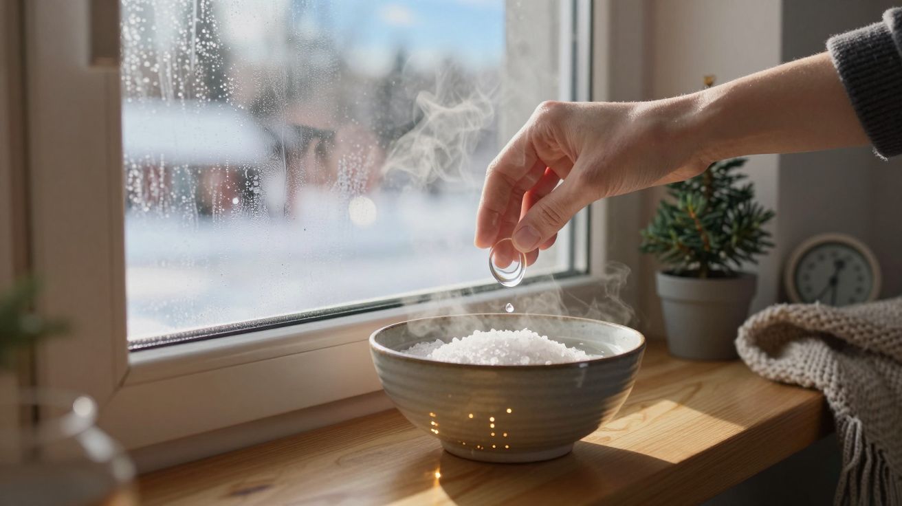 Hand hält Ring über dampfende Schale mit Salz auf Fensterbank, Kerze im Hintergrund, Schnee draußen.