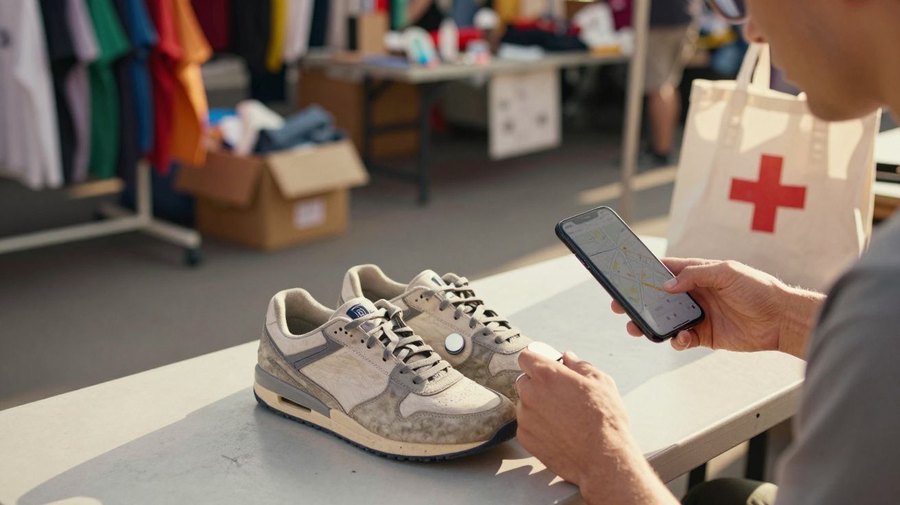 Person sitzt an Tisch, betrachtet graue Turnschuhe und verwendet Smartphone. Im Hintergrund bunte T-Shirts und Tasche mit Kre