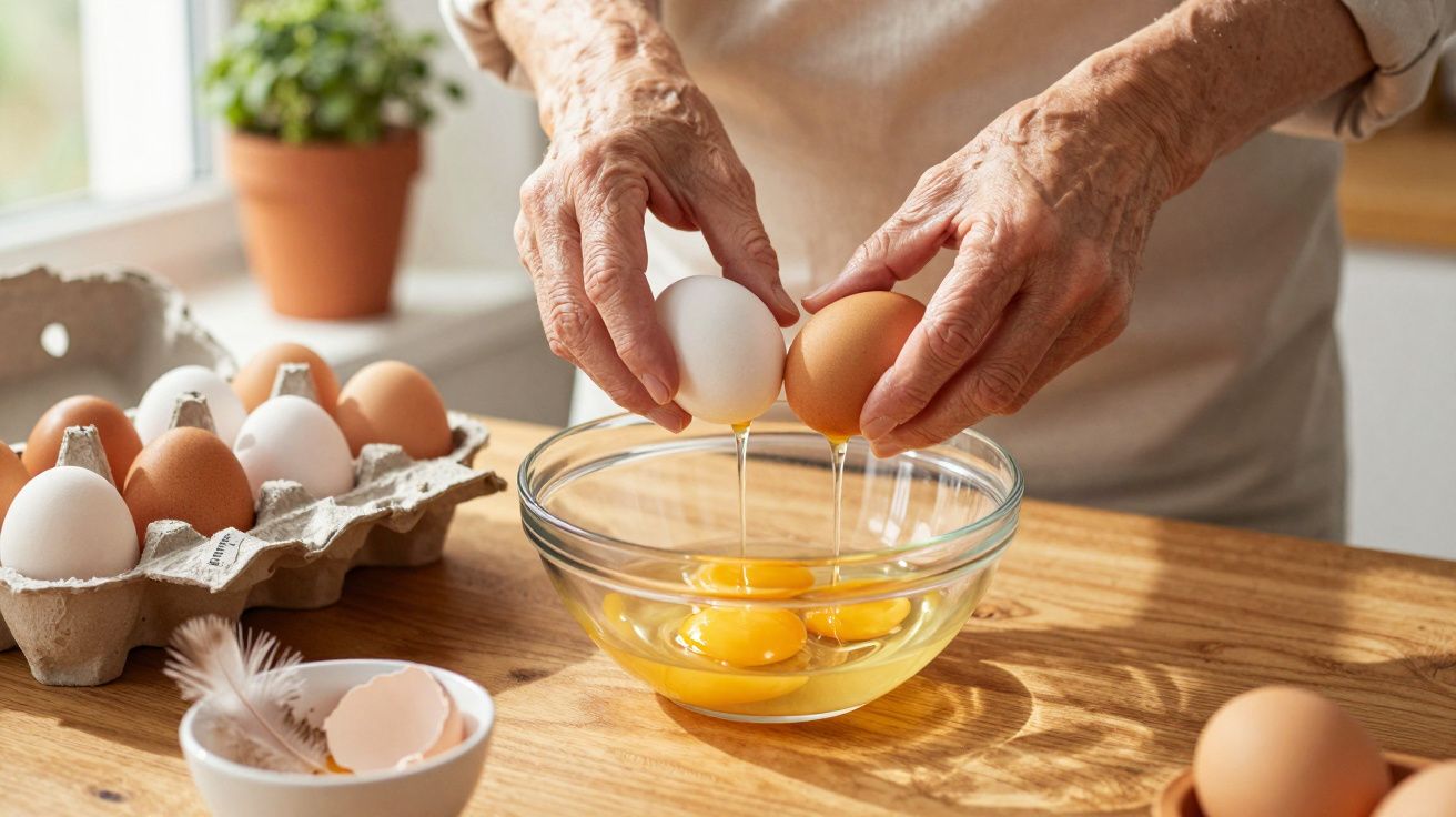 Hände brechen Eier in eine Glasschüssel, Eierkarton und Pflanze im Hintergrund auf einem Holztisch.
