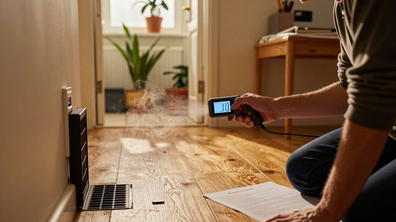 Person misst mit einem Thermometer die Temperatur nahe einer Bodenlüftung in einem Raum mit Holzboden und Pflanzen.