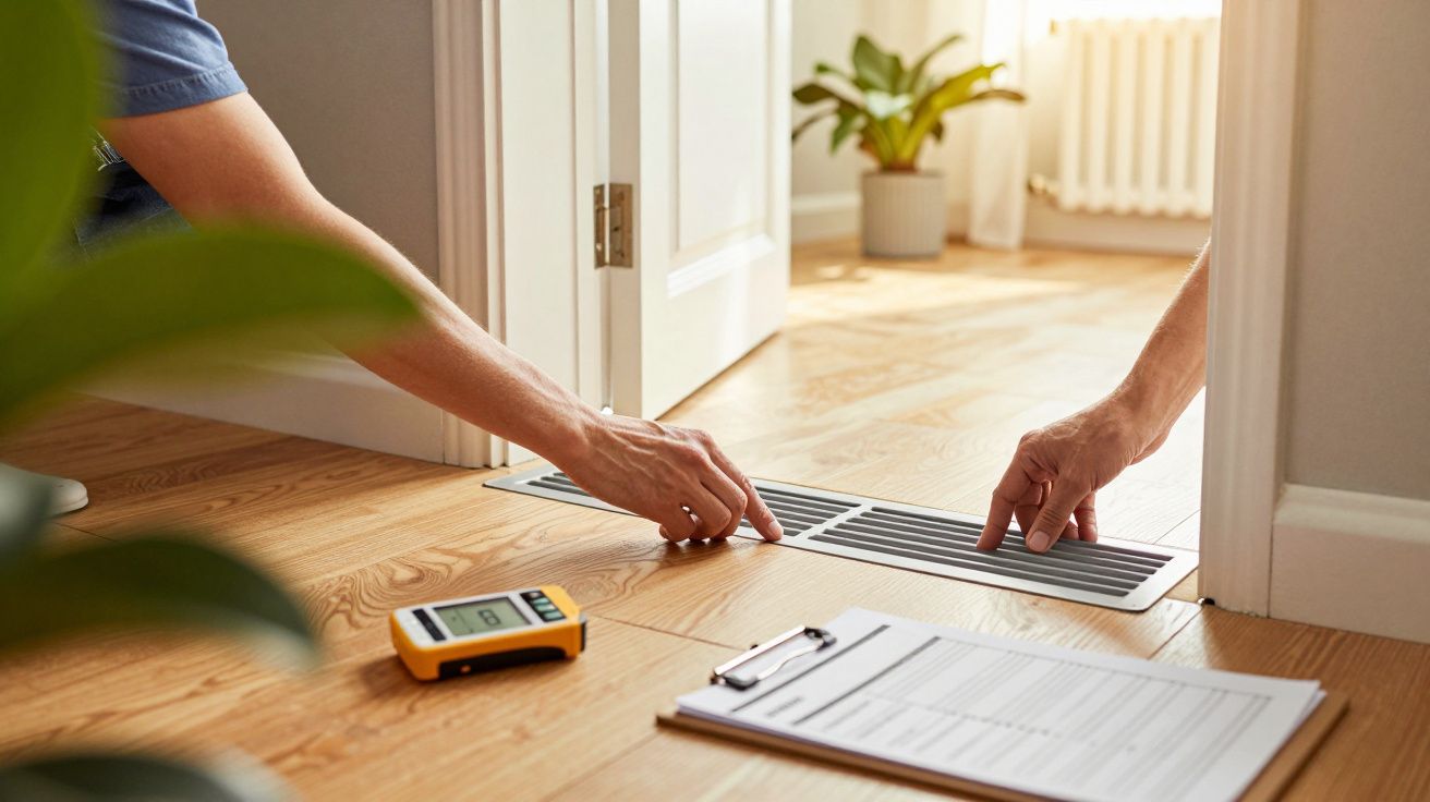 Zwei Personen prüfen einen Lüftungsgitterboden neben einem Klemmbrett und einem Messgerät in einem hellen Raum.