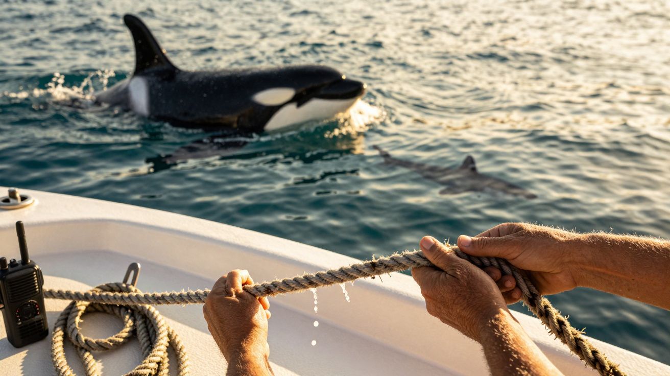 Person auf Boot hält Seil, während ein Orca im Wasser nahe schwimmt. Walkie-Talkie und Seil auf Bootsrand sichtbar.