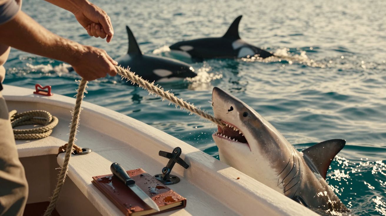 Mensch auf Boot mit Seil füttert Hai, zwei Orcas im Hintergrund im Wasser schwimmend.
