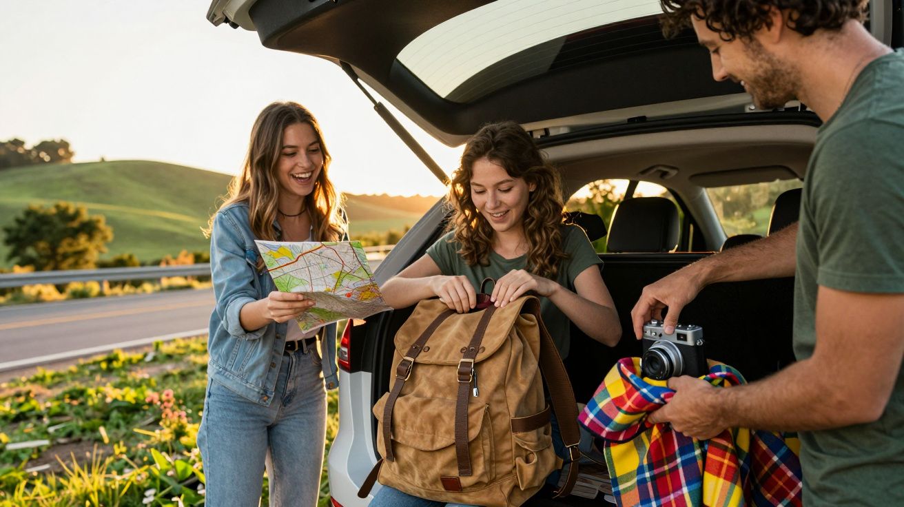 Drei Personen packen am Auto, eine hält eine Karte; grüne Landschaft im Hintergrund.