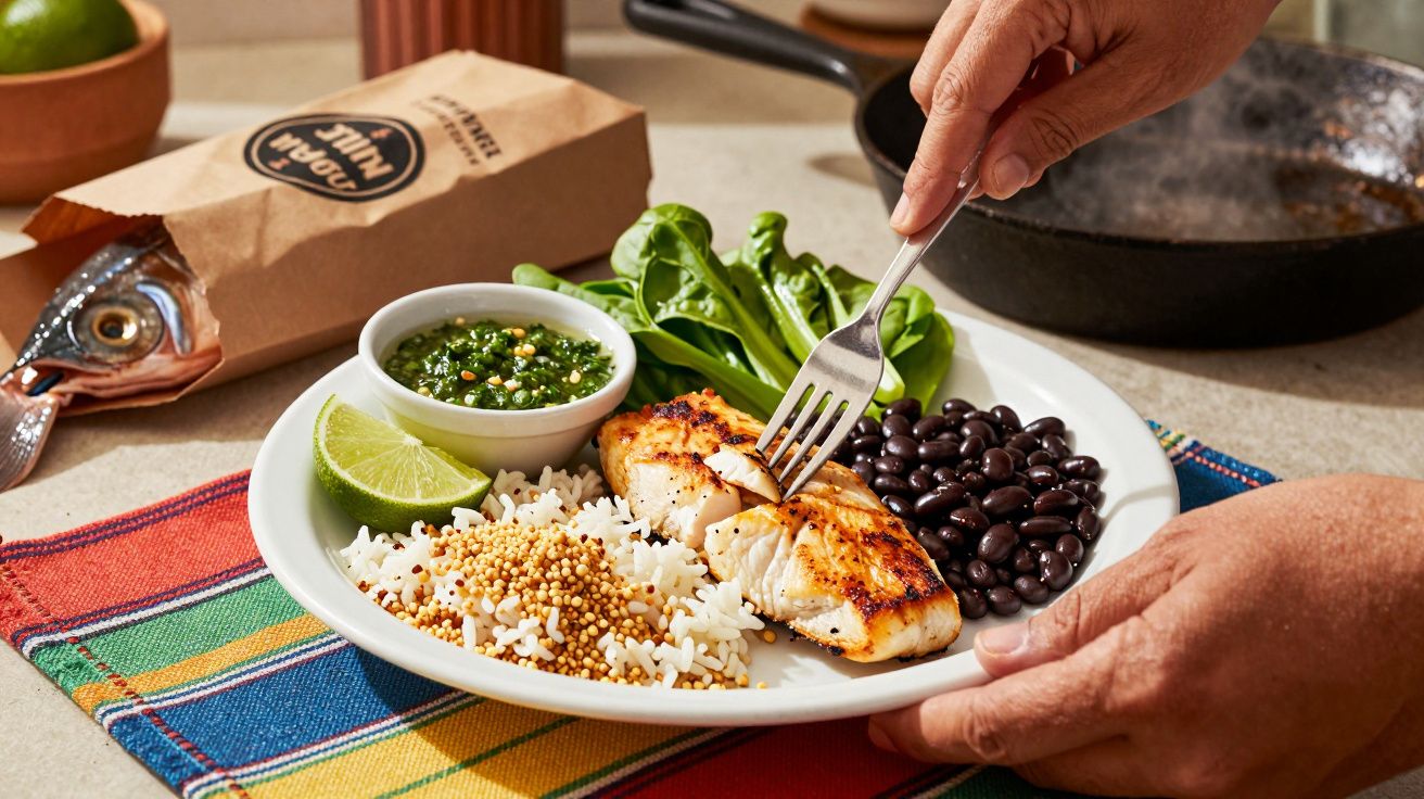 Gegrillter Fisch mit Reis, Quinoa, schwarzen Bohnen, Spinat, Limette und Sauce auf einem weißen Teller.