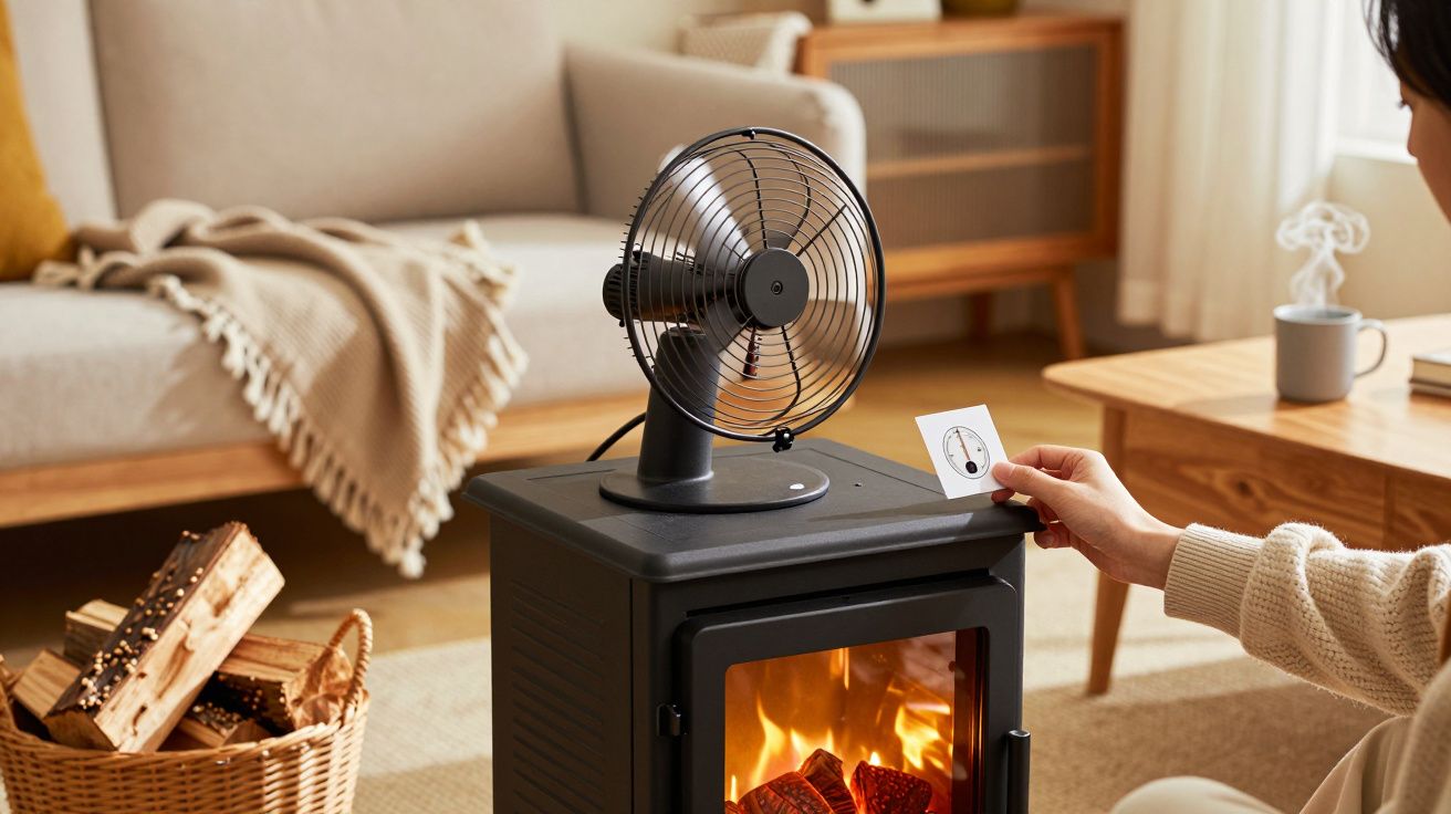 Person stellt Karte in kleinen Ventilator auf einem Holzofen, im gemütlichen Wohnzimmer mit Couch und Holzkorb.