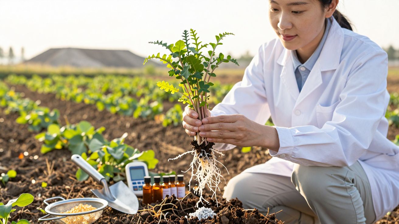 Forscherin mit weißem Kittel untersucht Pflanzenproben auf einem Feld, mit Ausrüstung im Hintergrund.