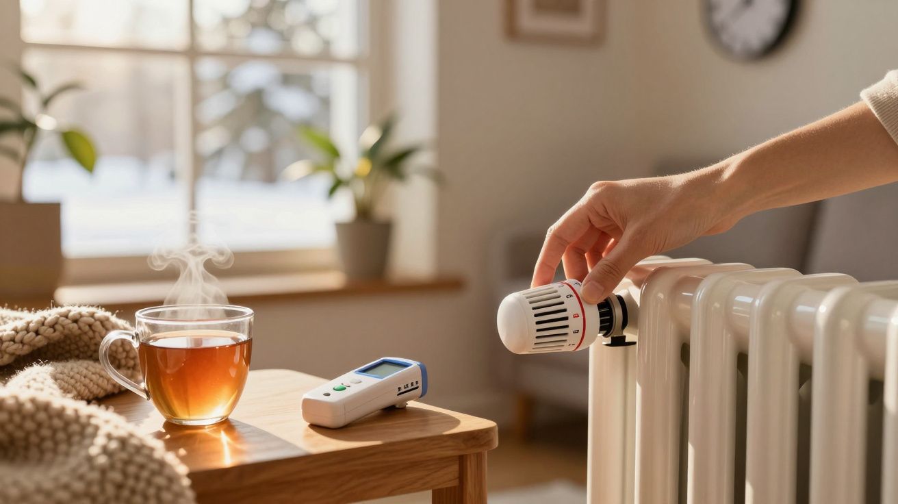 Hand dreht an Heizungsregler, Thermometer und dampfende Teetasse auf Tisch, Fenster im Hintergrund.