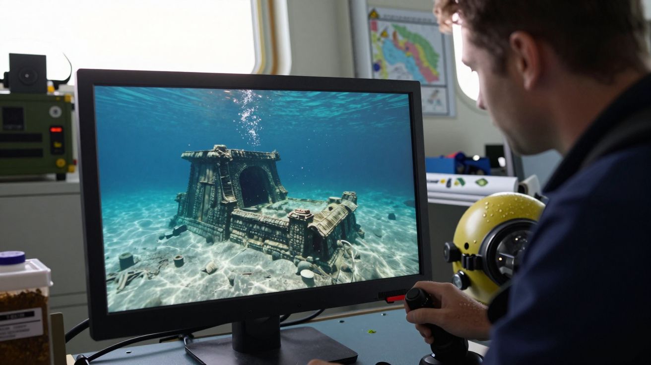Ein Mann betrachtet auf einem Monitor ein Unterwasserbild einer Ruinenstruktur am Meeresboden.