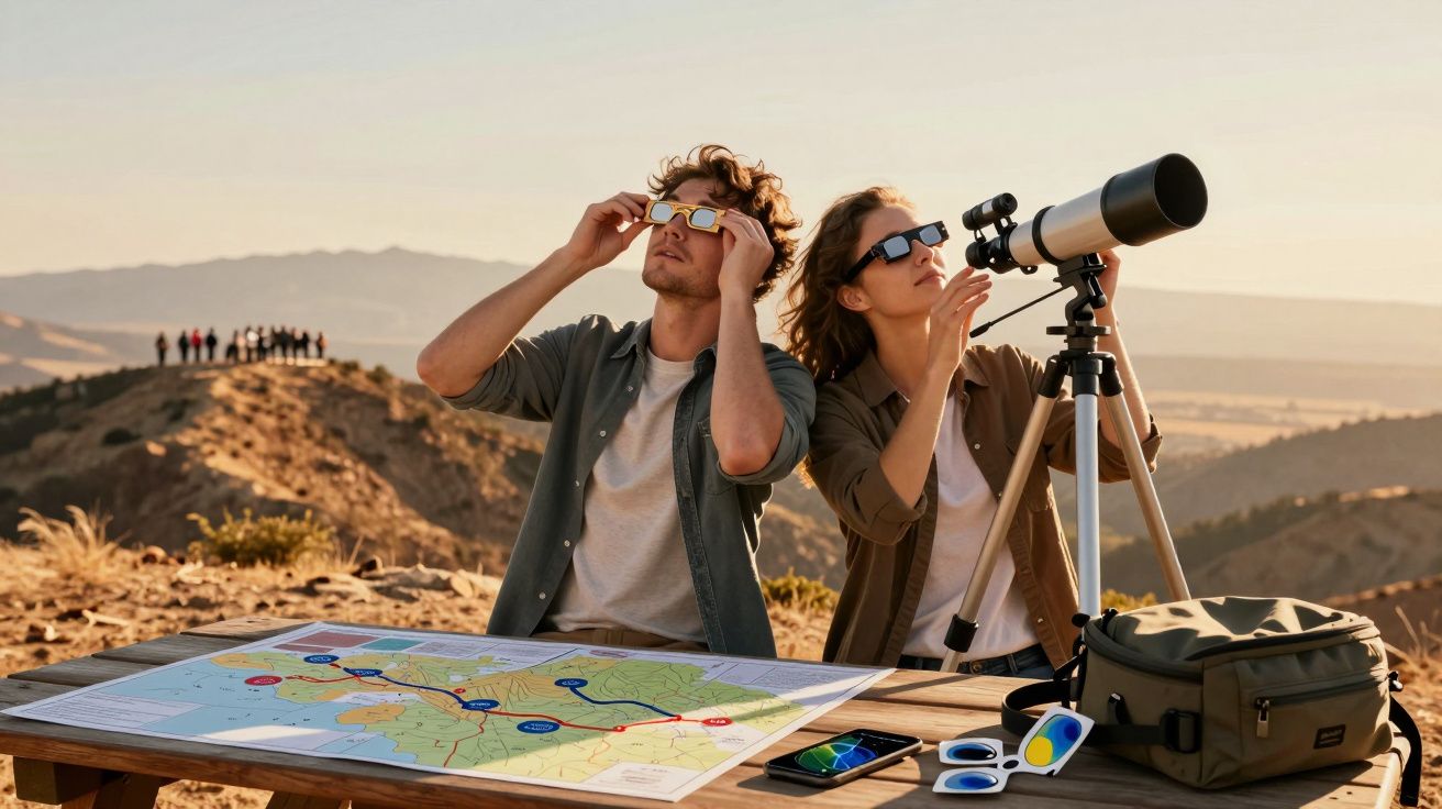 Zwei Personen auf einem Hügel betrachten den Himmel mit einem Teleskop und Schutzbrillen, eine Karte liegt auf dem Tisch.