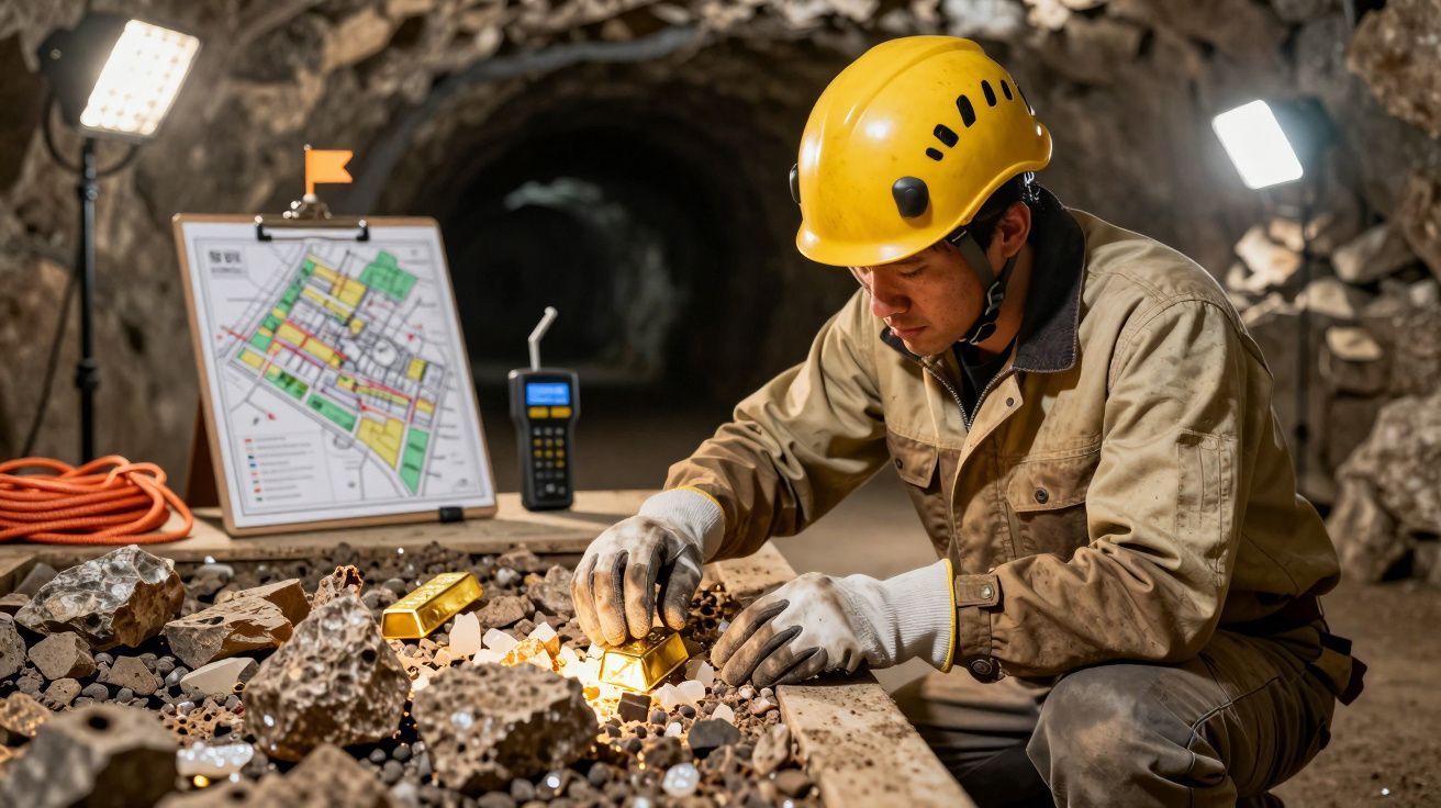 Bergarbeiter mit gelbem Helm untersucht Mineralienproben in einer Mine, im Hintergrund Ausrüstungen und Karte.