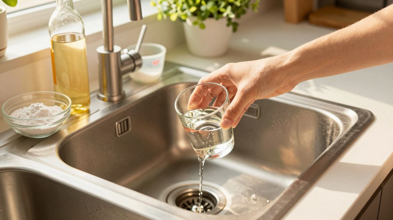 Hand gießt Wasser aus einem Glas in ein Edelstahlspülbecken, umgeben von Küchenutensilien und Pflanzen.