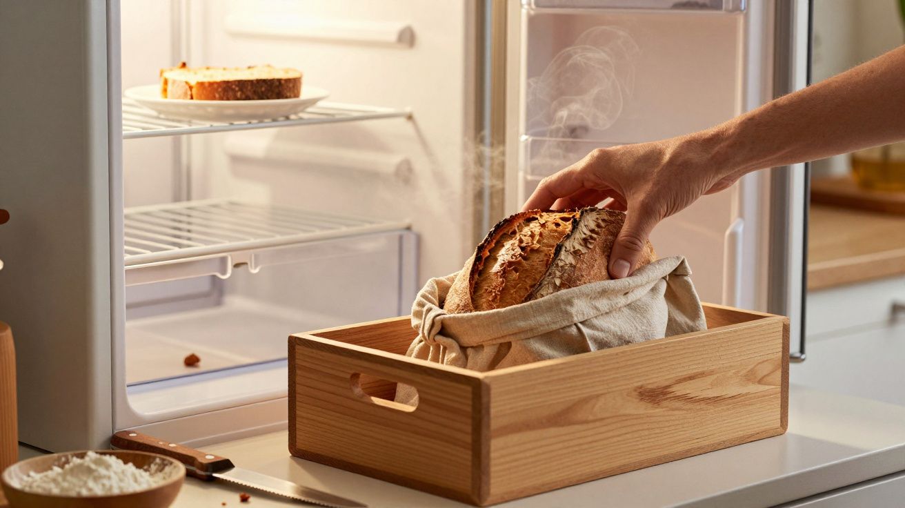 Hand legt frisches Brot in Holzkiste vor offenem Kühlschrank, im Hintergrund Dampf sichtbar.