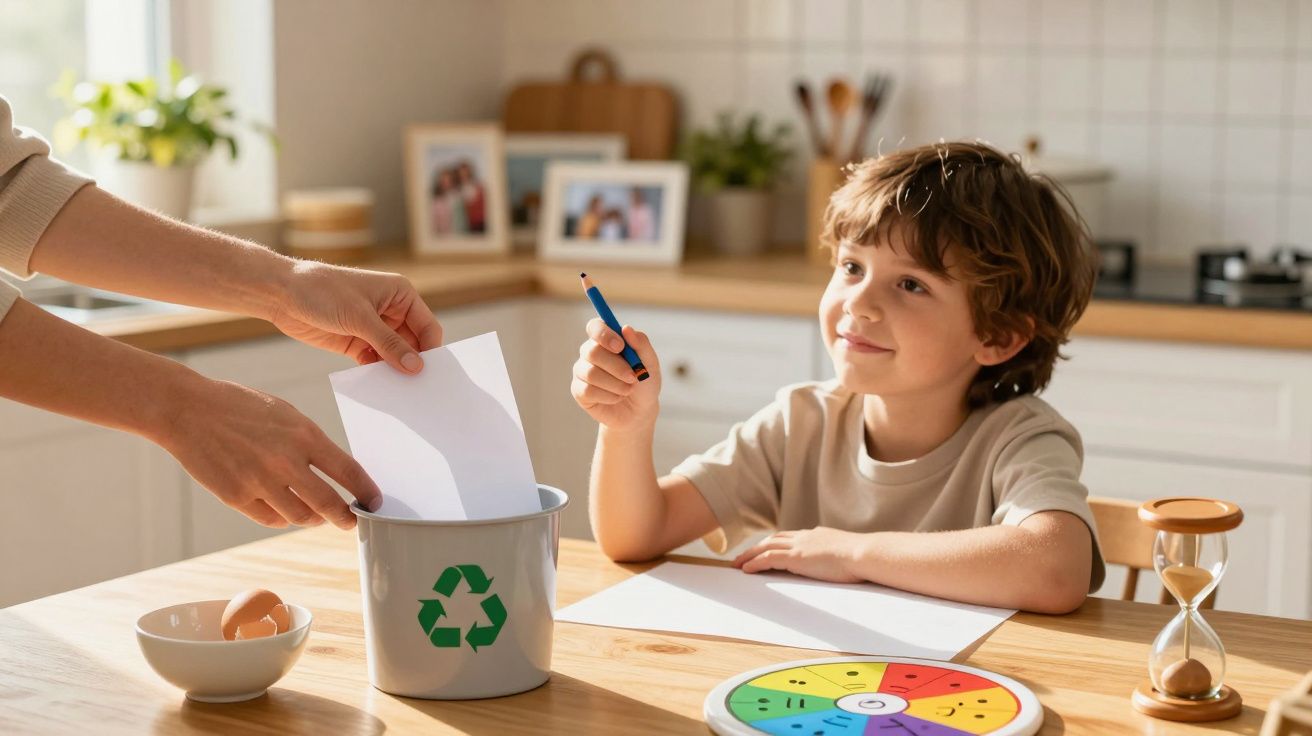 Junge sitzt am Tisch, hält Bleistift, während Erwachsene Papier in einen Recyclingbehälter werfen, Sanduhr und Spielzeug auf 