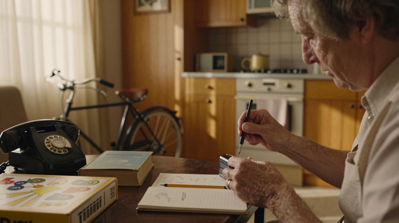 Älterer Mann schreibt in einem Notizbuch in der Küche, im Hintergrund ein Fahrrad und Telefon, 70er-Jahre-Stil.