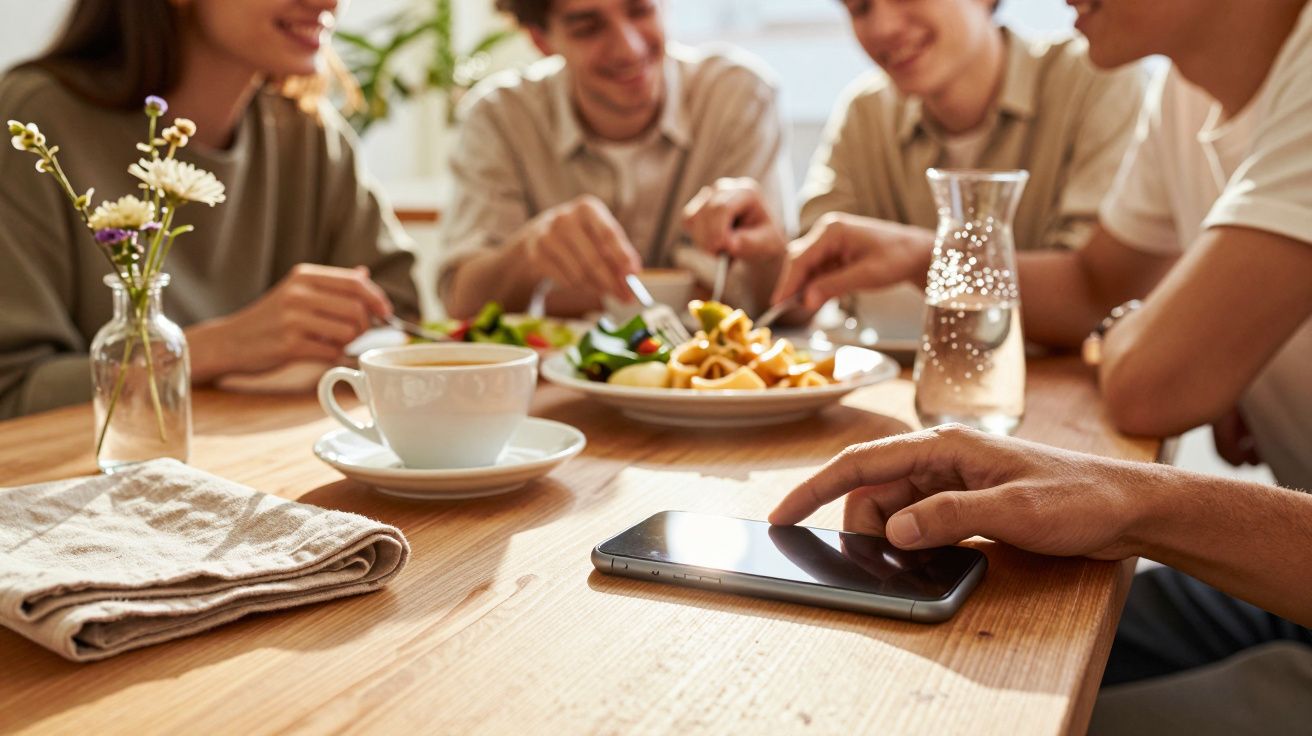 Vier Personen essen gemeinsam an einem Holztisch, im Vordergrund ein Smartphone und eine Tasse Kaffee.