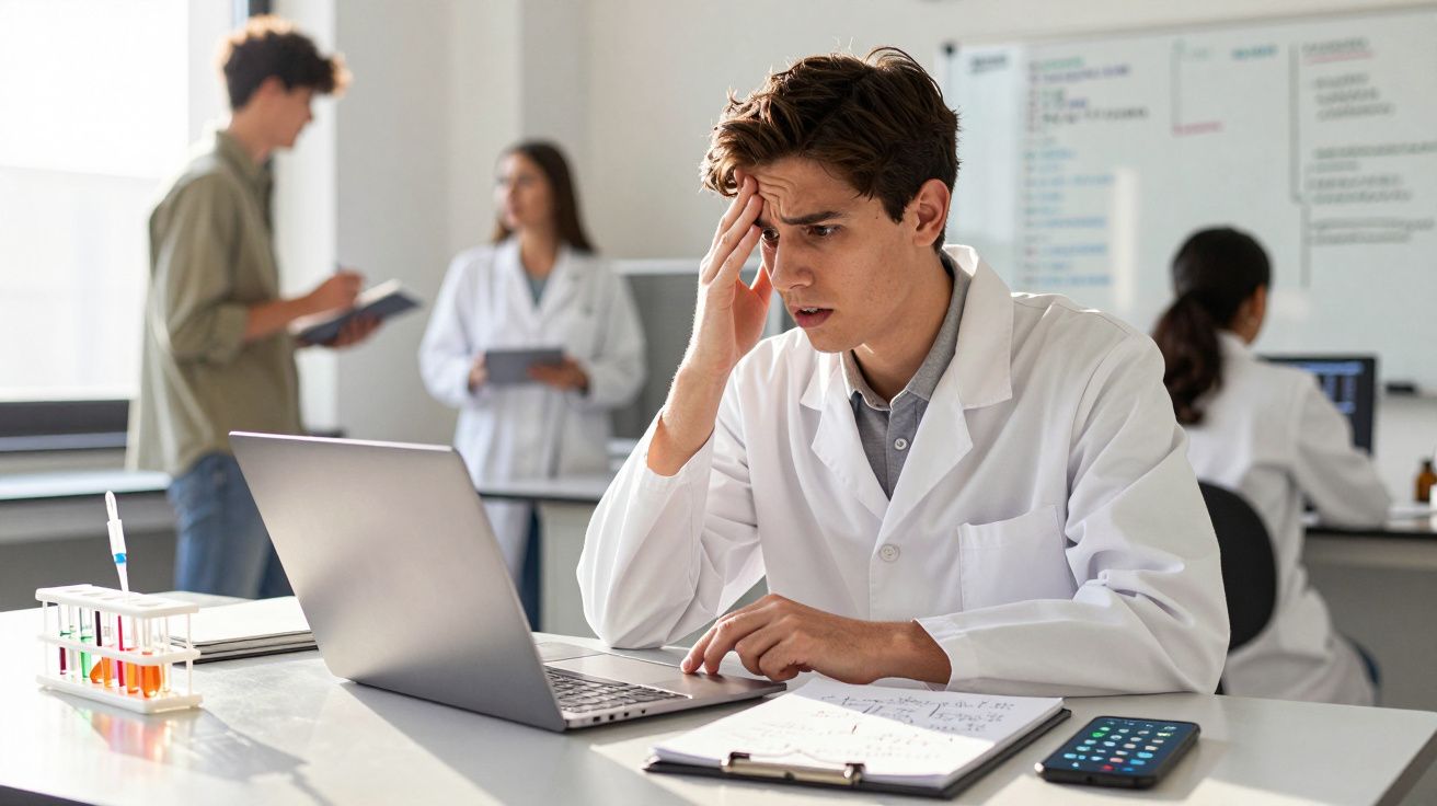 Junger Forscher im weißen Laborkittel schaut nachdenklich auf Laptop, während andere im Labor arbeiten.