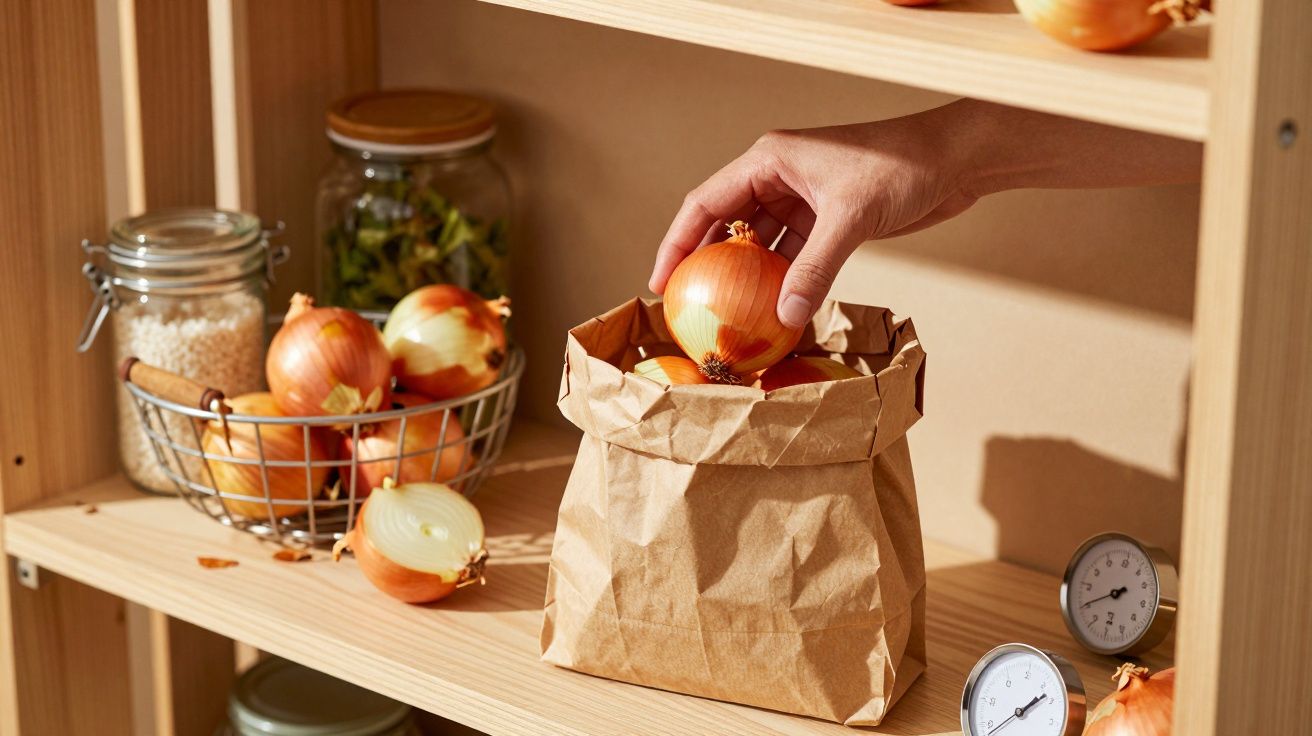 Hand legt Zwiebel in braune Papiertüte, neben Korb mit Zwiebeln auf Holzregal, Gewürzglas im Hintergrund.