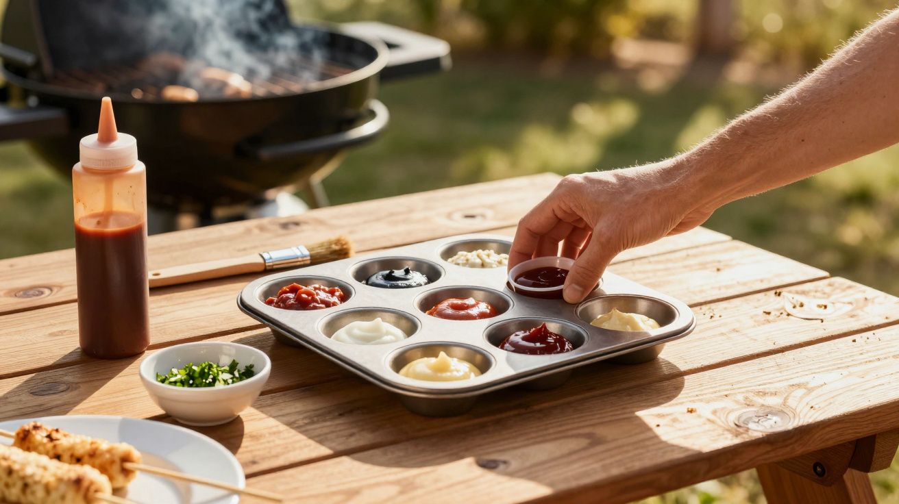 Hand greift nach Saucen in Muffinform neben Grill, Tisch mit Kräuterschale und Ketchupflasche.