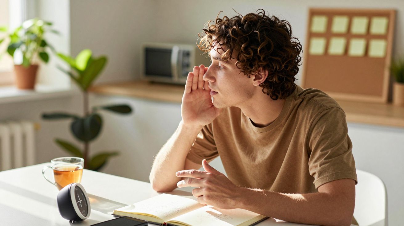Mann mit braunem T-Shirt sitzt am Tisch, flüstert, während er Notizen macht, mit Tasse Tee und Wecker daneben.