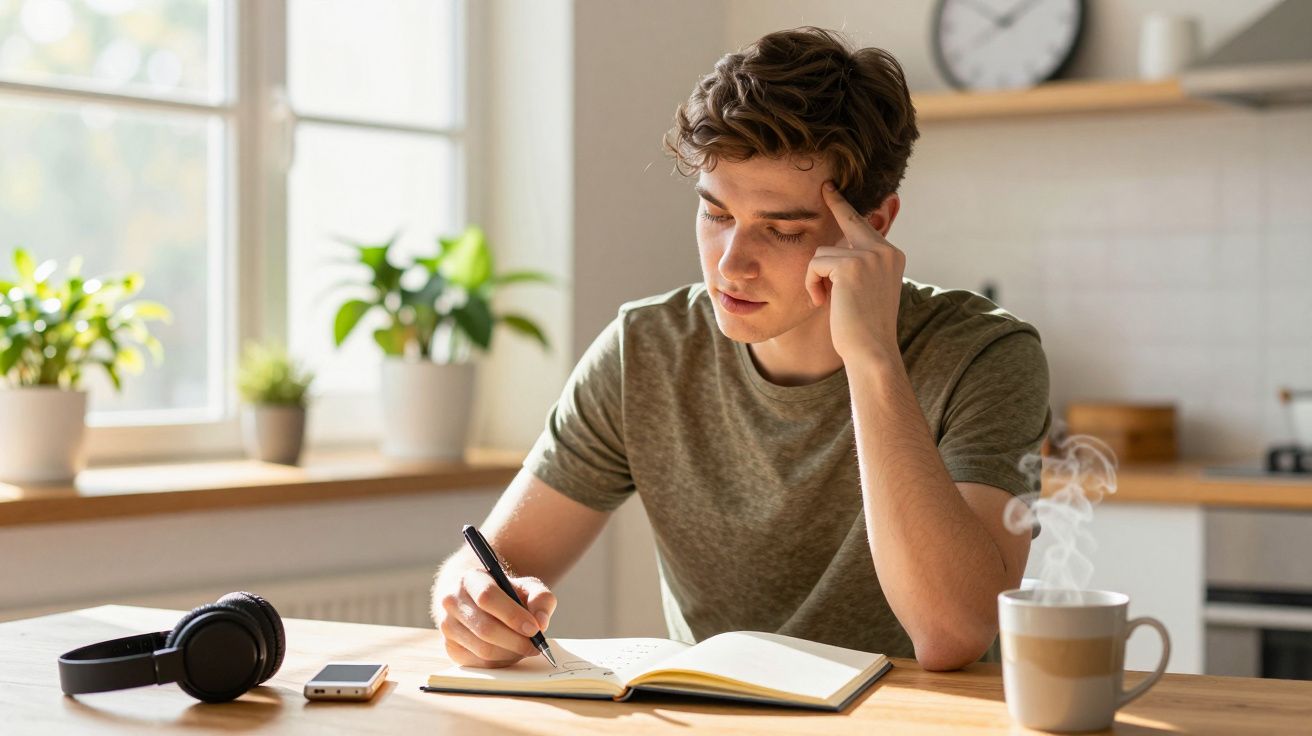 Junger Mann schreibt nachdenklich in ein Notizbuch, mit Kopfhörern und dampfendem Kaffee auf einem Tisch in gemütlicher Küche
