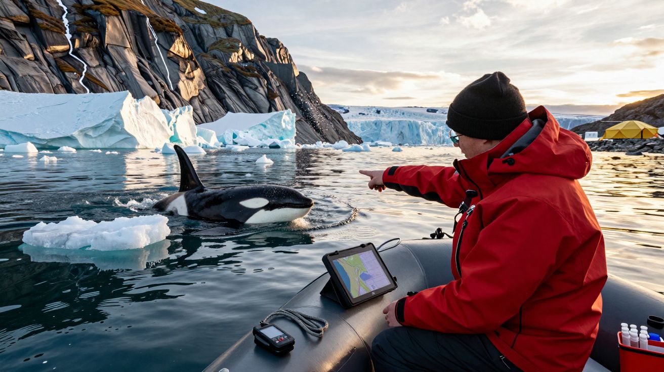 Person in roter Jacke zeigt auf Orca in eisiger Landschaft, sitzt in Schlauchboot mit Tablet und Ausrüstung.
