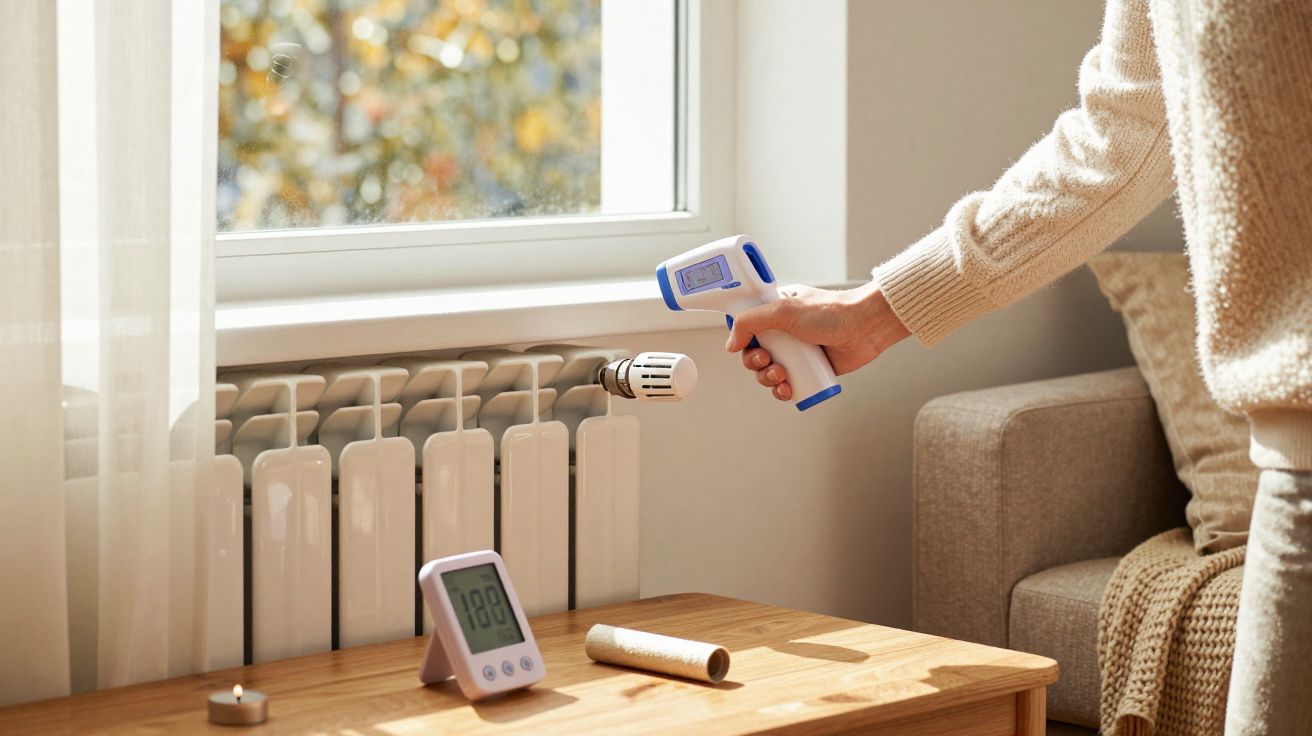 Person misst die Temperatur eines Heizkörpers mit einem Infrarotthermometer; digitales Thermometer auf Tisch.